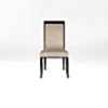 A luxury DAVIDSON London Dining chair with a tall back. Upholstered in a soft champagne metallic fabric with satin tinted beech legs. Front view.