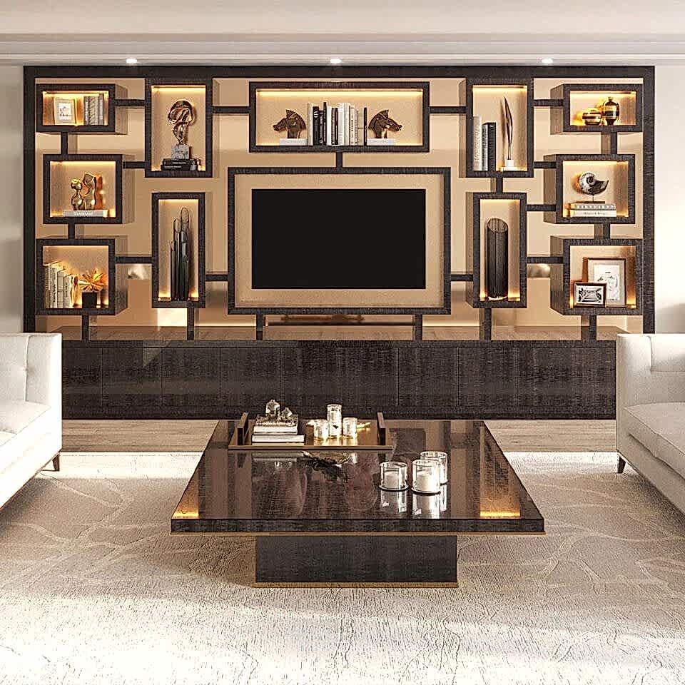 A sleek and sophisticated media unit that embodies sophisticated living, decorative storage shelves are backlit with
warm LED lights to exhibit your collection of art and treasured objects. The unit has an integrated space for a large
television and concealed cabling, while low-level storage cabinets with a single shelf facilitate an abundance of storage.