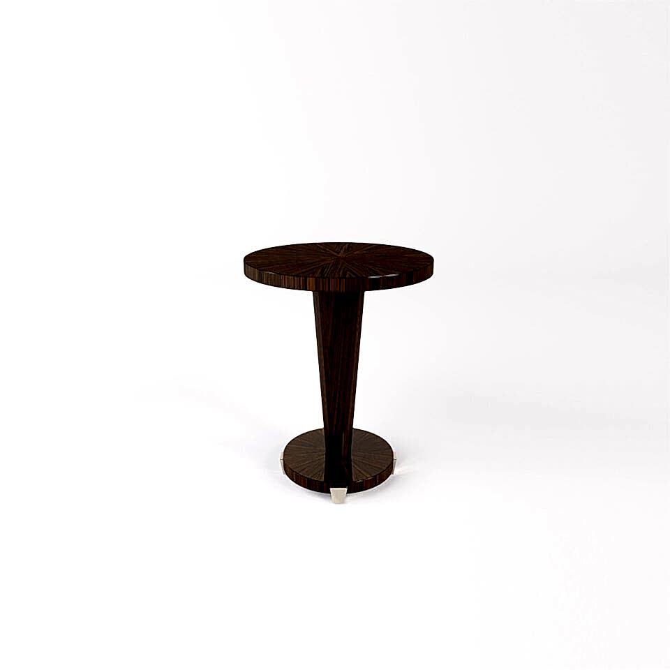 The Stanford Occasional table has a striking radial pattern to the tabletop and base, Its circular top sits on a smooth, tapered pedestal that stands on a circular base. Finished here in a smart shade of macassar ebony