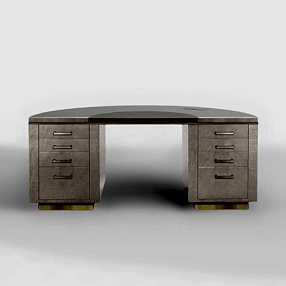 a sleek desk in a light timber veneer, with brushed brass accents all on a grey background with a soft shadow